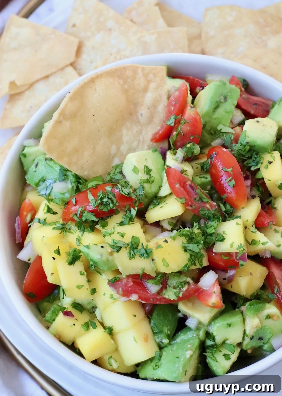 A vibrant bowl of Mango Avocado Salsa, featuring perfectly diced mango and creamy avocado, served with a crispy tortilla chip.