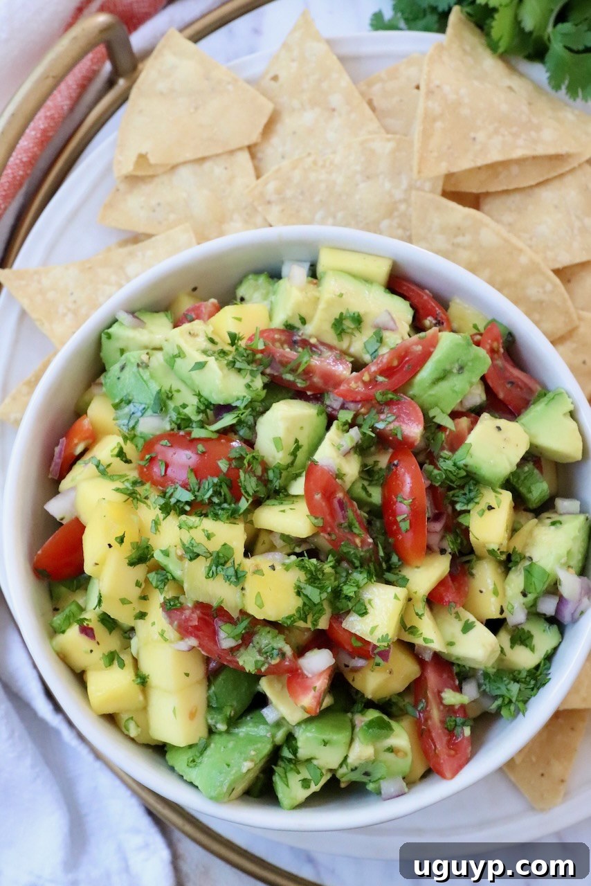 mango avocado salsa in bowl with tortilla chips around the bowl