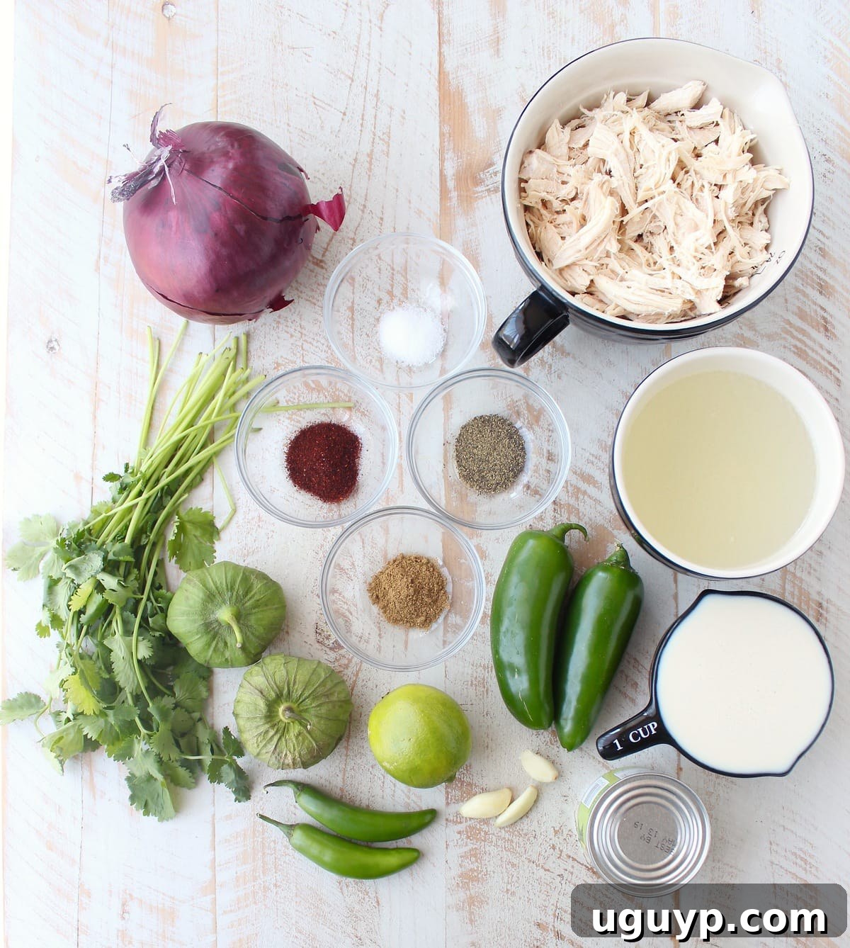 Fresh ingredients for Green Chili Chicken Enchilada Soup including tomatillos, various chilies, onions, and herbs, neatly arranged on a rustic wooden surface.
