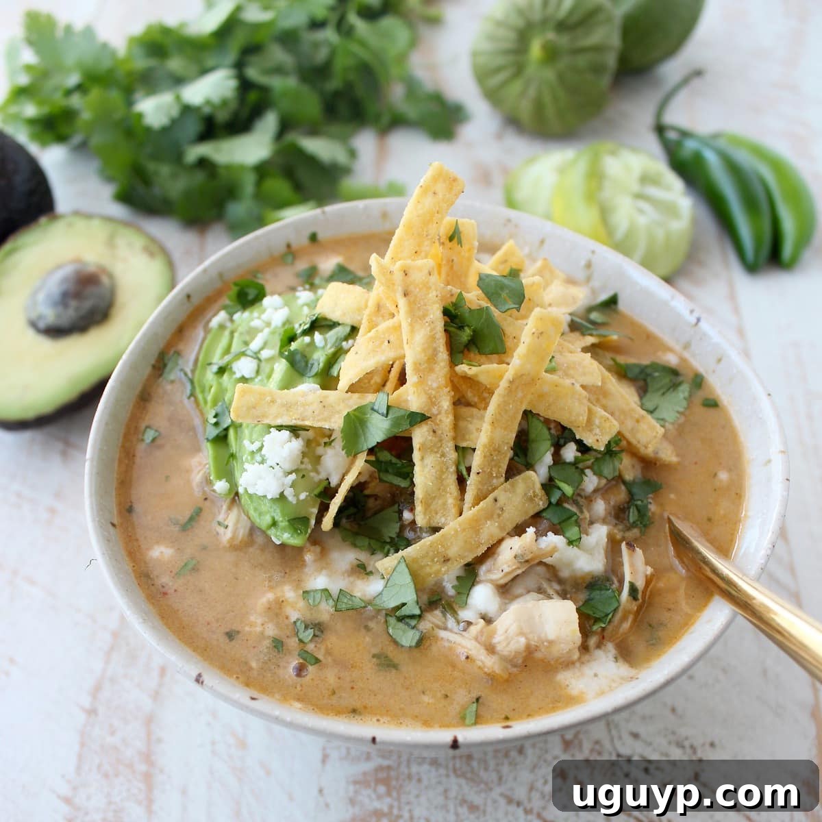 A bowl of Green Chili Chicken Enchilada Soup, generously topped with crispy tortilla strips, against a warm wooden background.