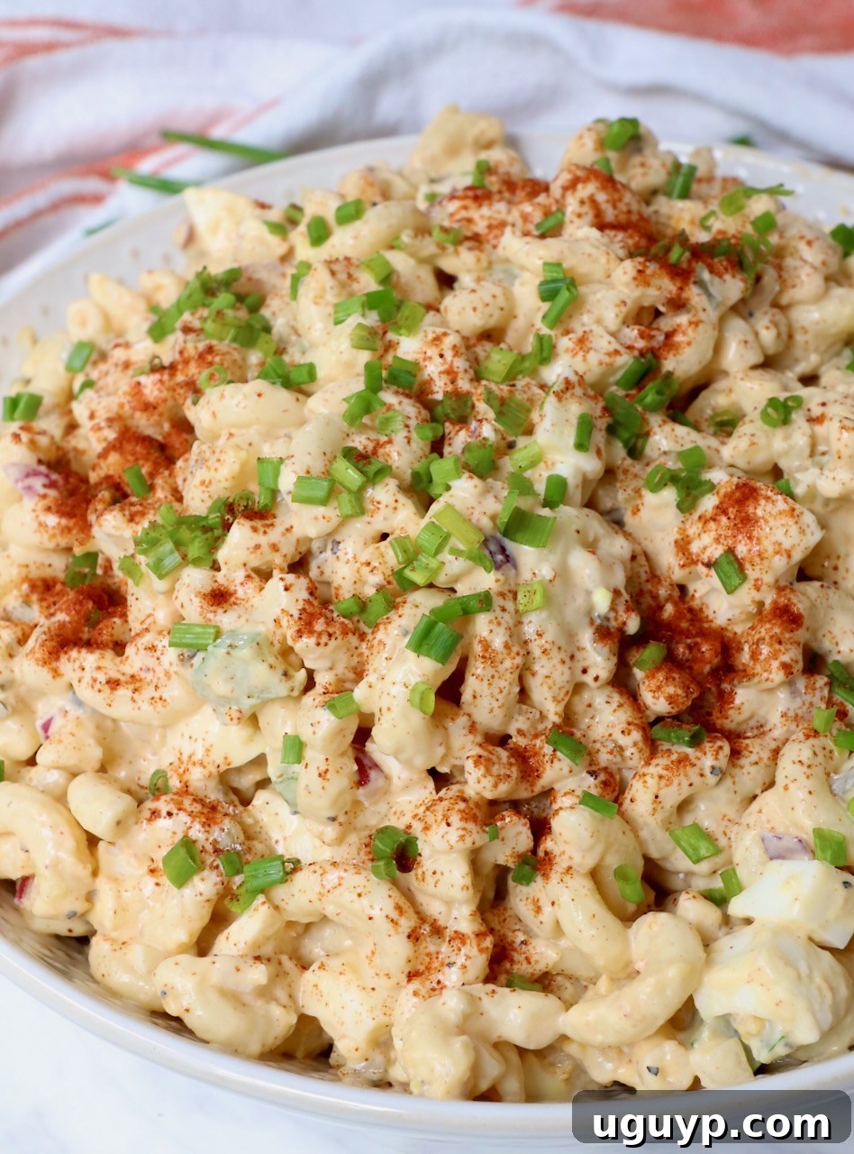 creamy pasta salad in bowl topped with paprika and diced chives