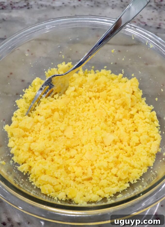 mashed egg yolks in a glass bowl with a fork