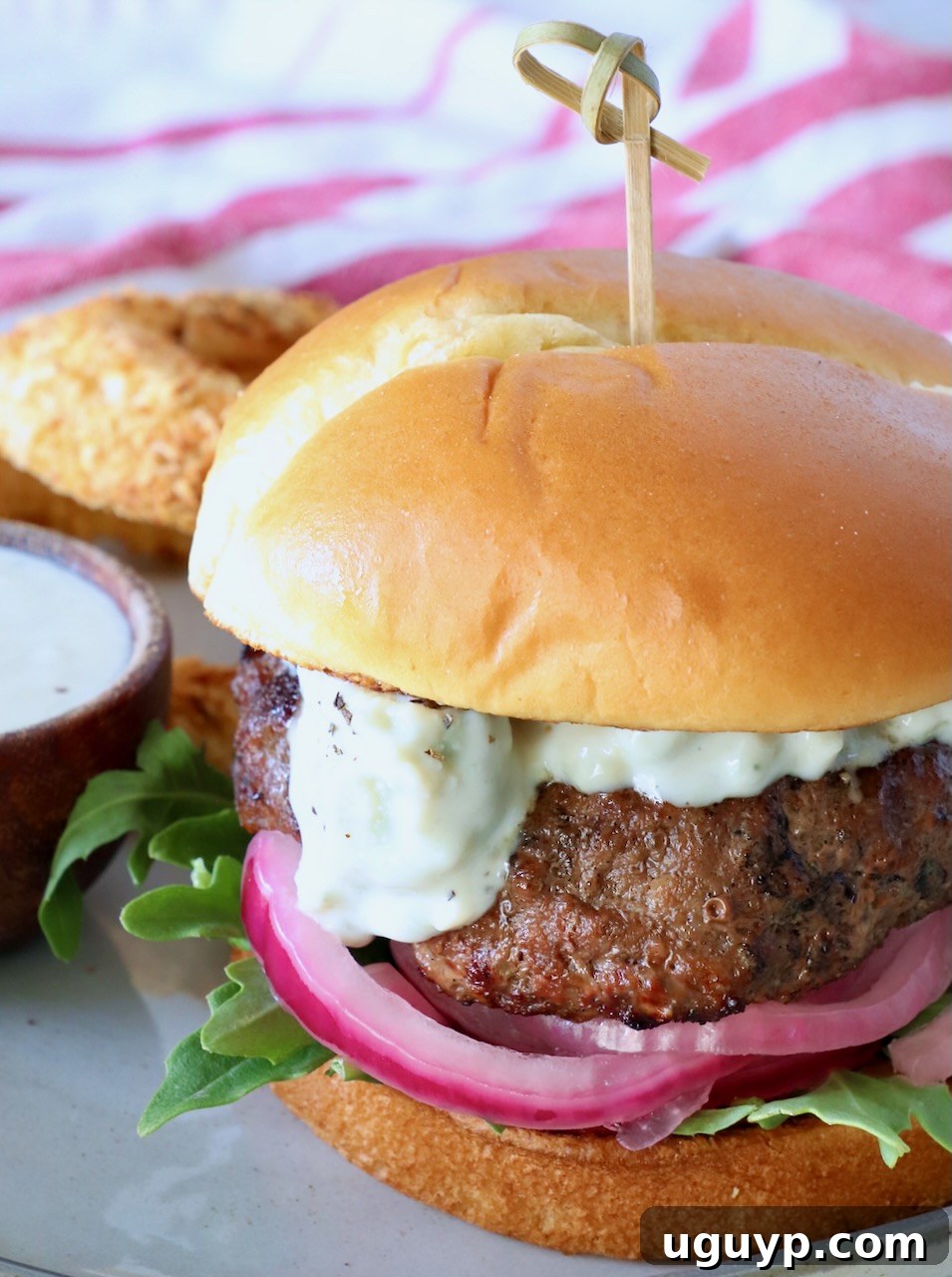 Grilled Blue Cheese Burger on a Plate with Garnish