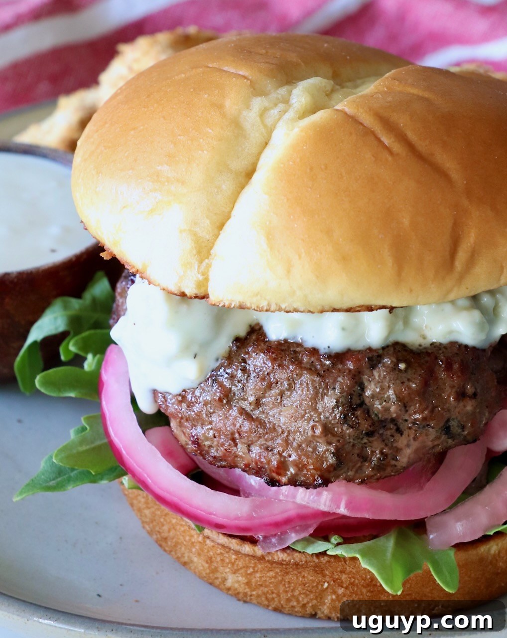 Gourmet Blue Cheese Burger with Pickled Onions and Arugula on a Plate