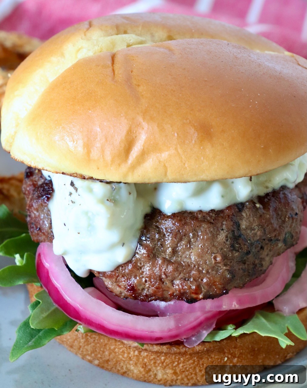 Close-up of a Blue Cheese Burger with Sauce and Garnishes