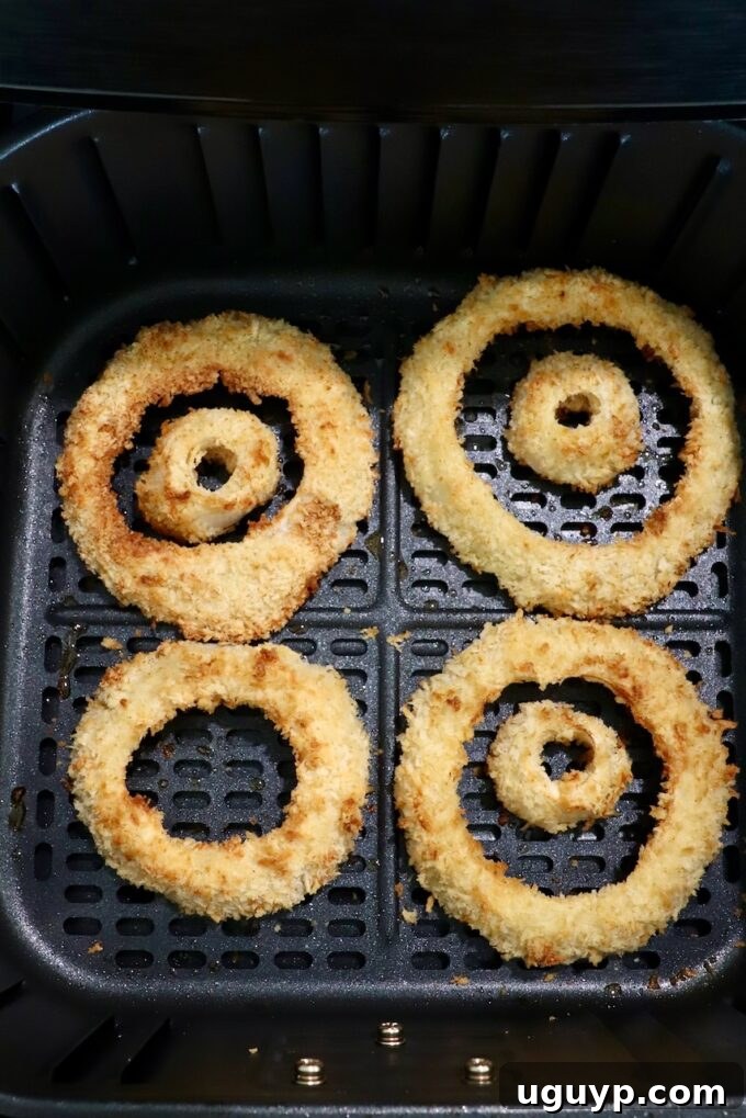 cooked onion rings in air fryer basket