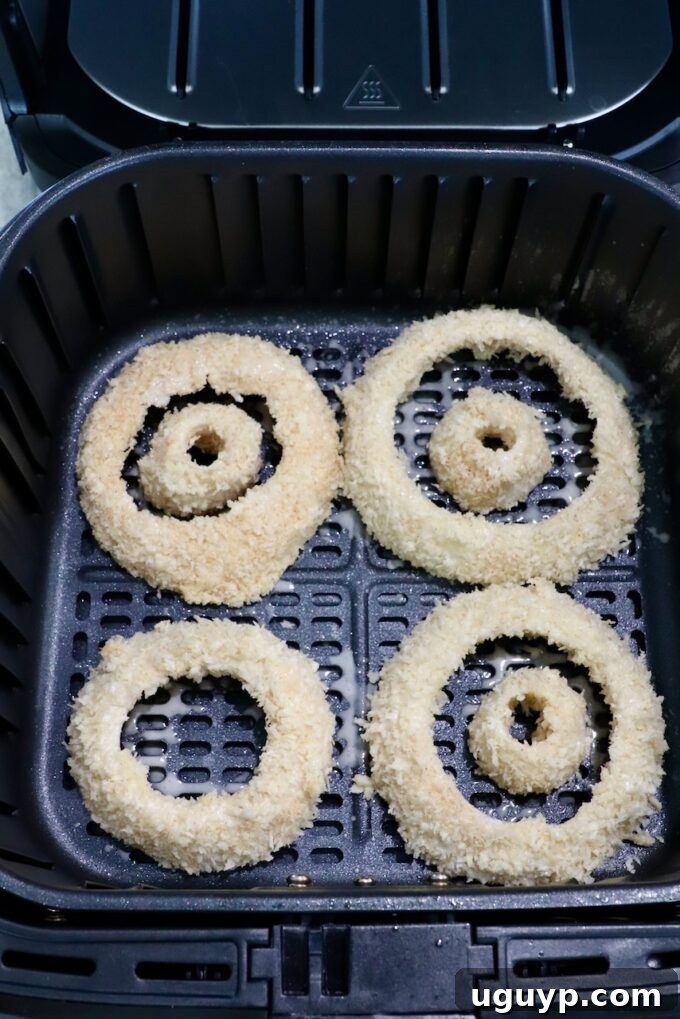 coated onion rings in air fryer basket