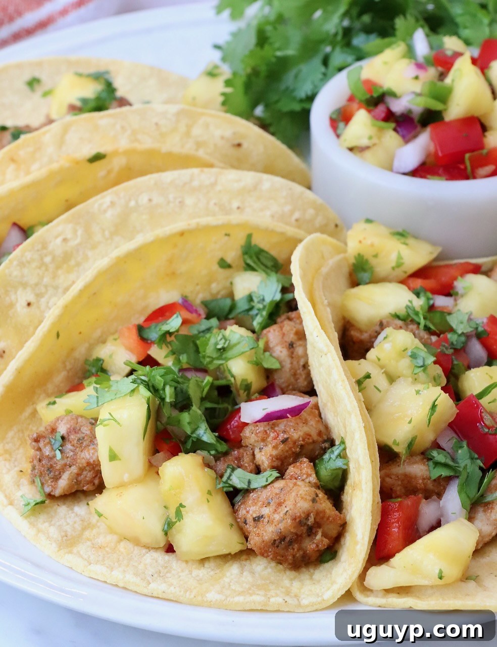Pork tacos topped with fresh pineapple salsa on a plate, ready to serve.