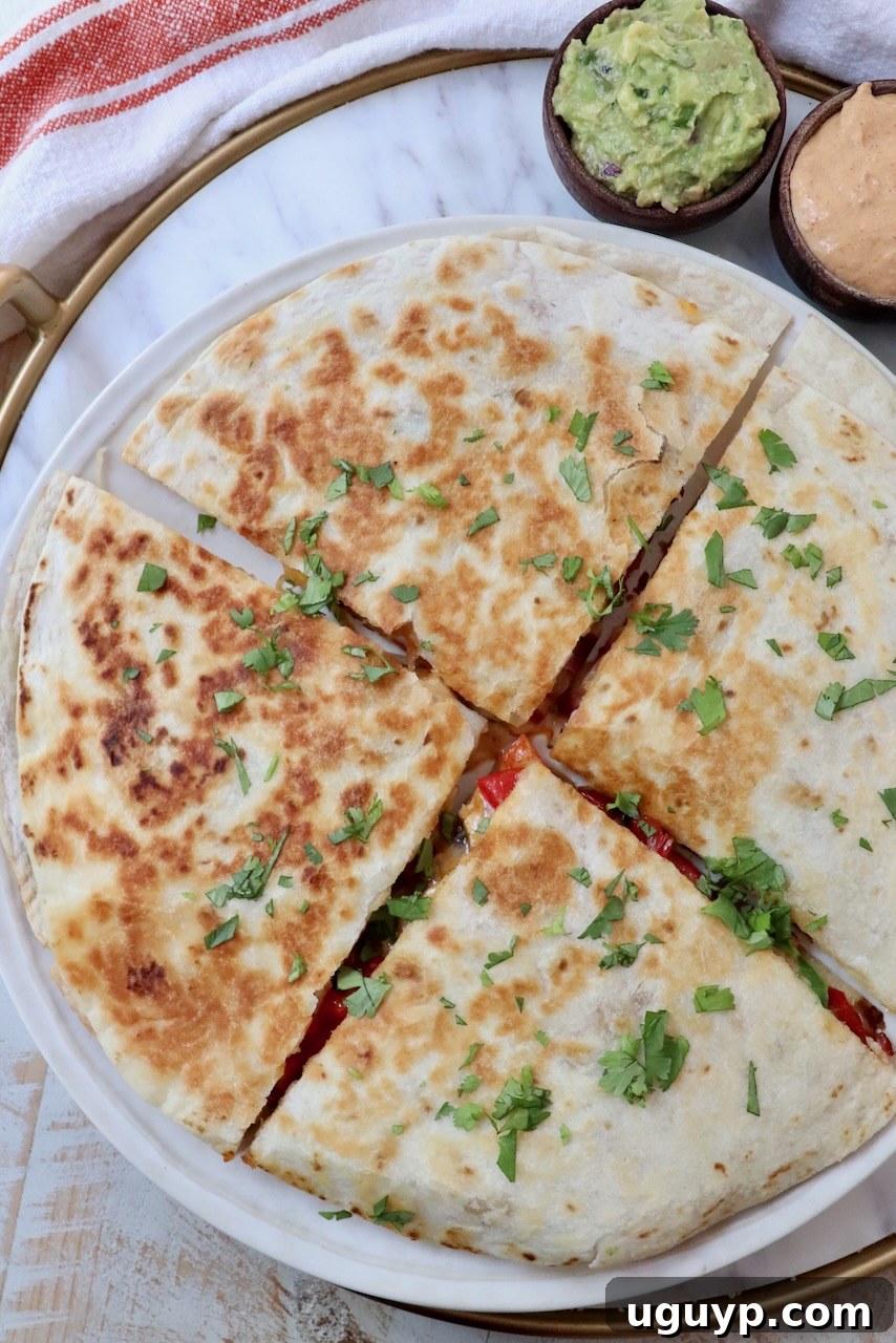 Sliced chicken quesadilla halves artfully arranged on a rustic plate, garnished with fresh cilantro, ready to be enjoyed. The golden-brown tortilla and melted cheese are visible, highlighting its irresistible appeal.