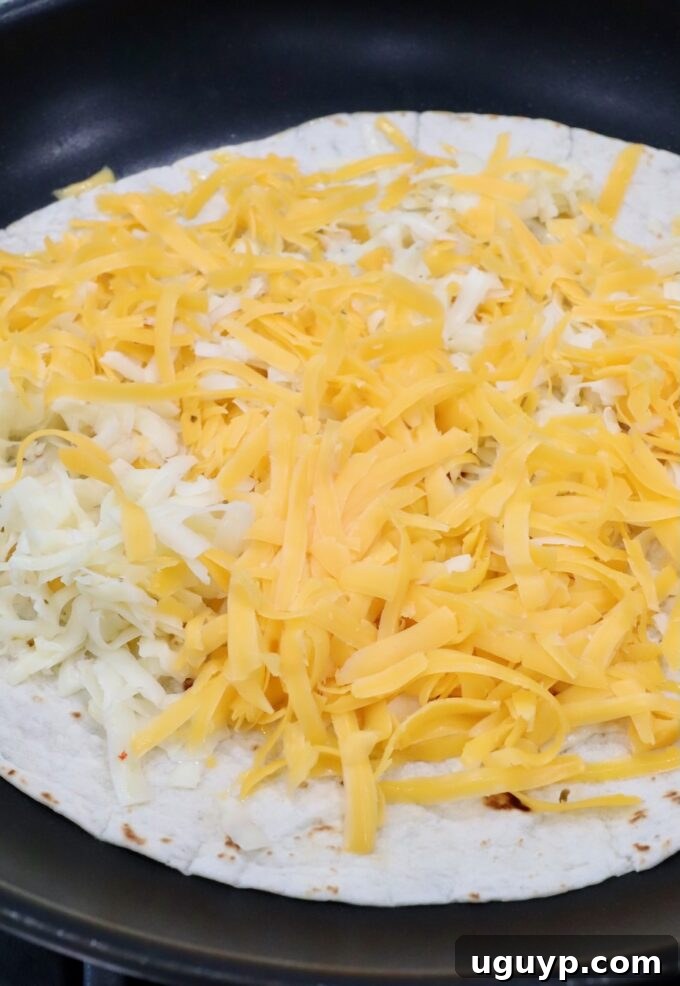 A large tortilla in a hot skillet, with a generous layer of shredded cheese melting evenly over its surface.