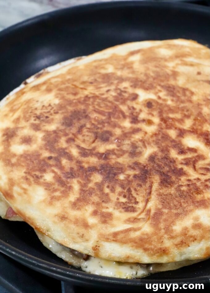 A golden-brown chicken quesadilla, perfectly cooked and crispy, in a skillet before being removed and sliced.