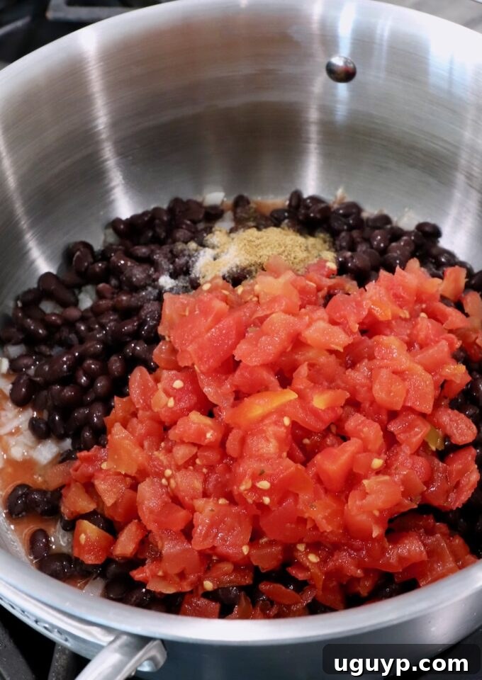 Close-up shot of black beans and diced tomatoes simmering together in a pot on the stove, showing the rich texture and vibrant colors.
