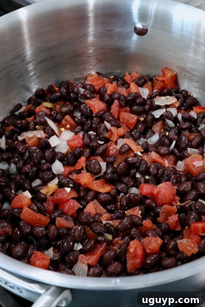 A cooking pot on the stove containing a mix of black beans, sautéed diced onions, and vibrant diced tomatoes, demonstrating the initial stages of simmering.