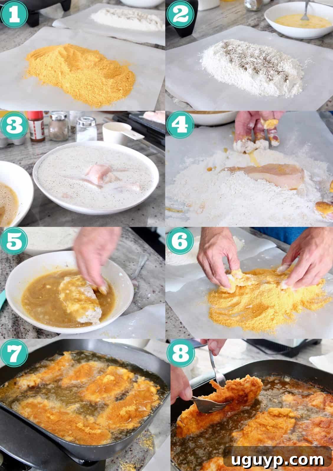 A collage of step-by-step images demonstrating the process of making Captain Crunch chicken, from crushing cereal to frying.