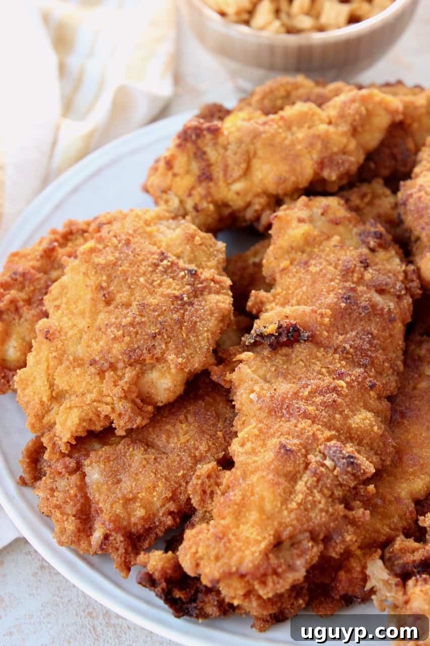 Perfectly fried Captain Crunch chicken tenders, stacked high on a white plate, showcasing their golden-brown, crunchy exterior.