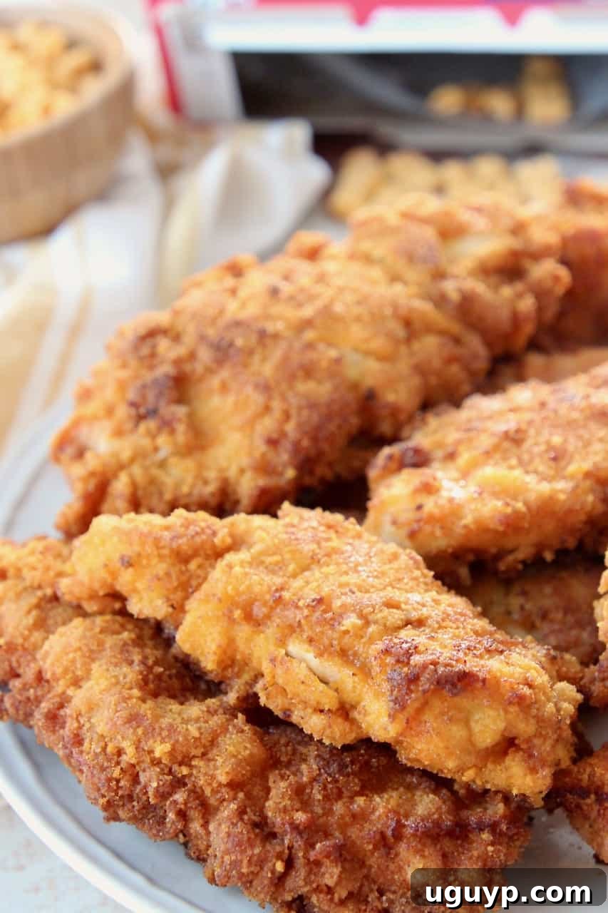A plentiful stack of Captain Crunch fried chicken tenders, hot and crispy, presented beautifully on a plate.