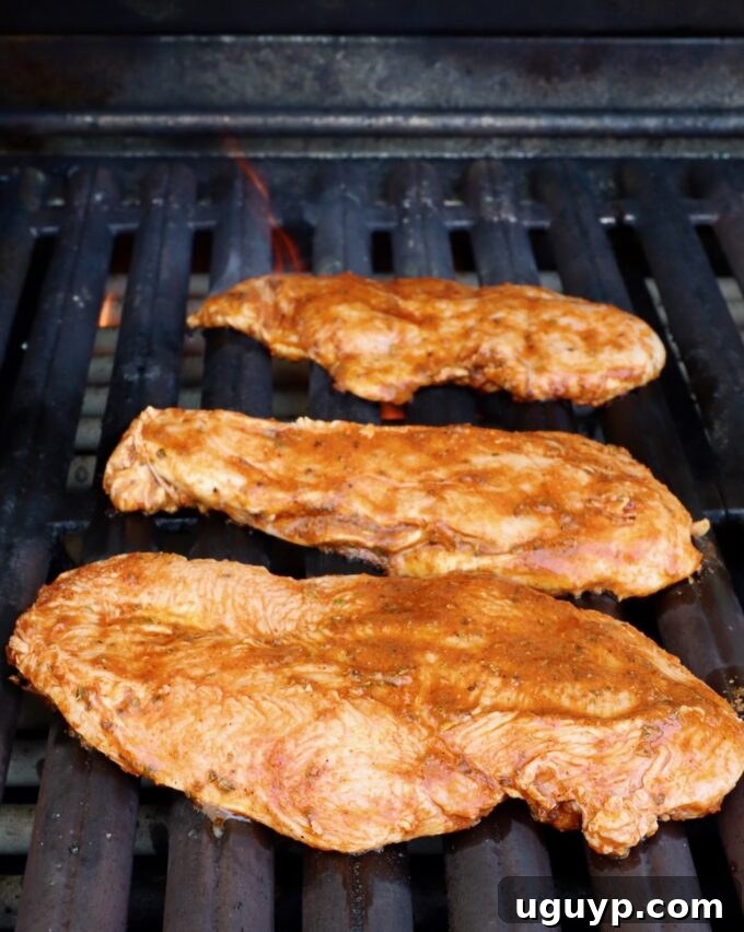 marinated chicken breasts on grill