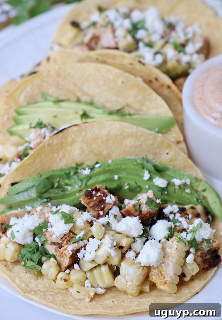 tacos on plate filled with diced chicken, corn and avocado