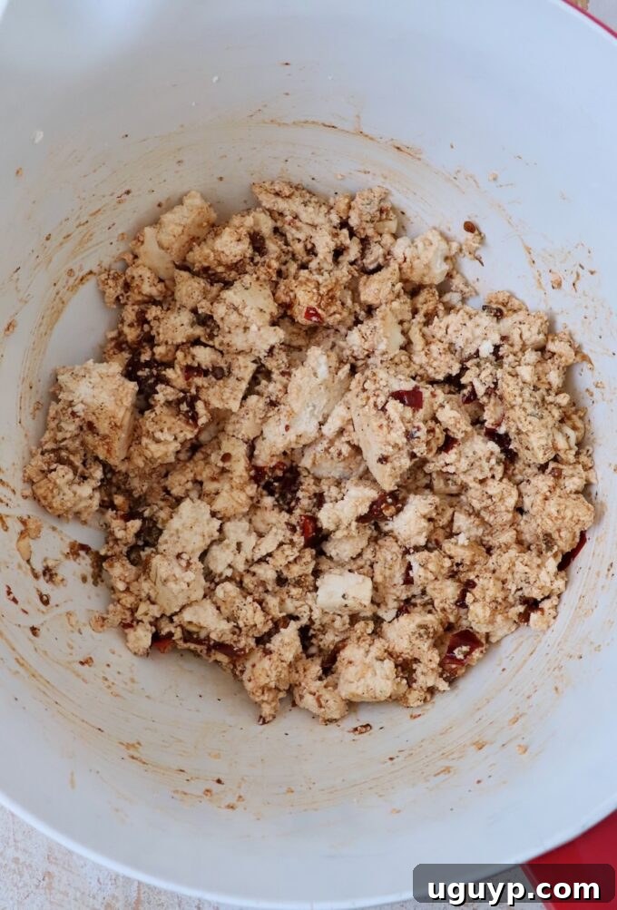seasoned crumbled tofu in a large bowl
