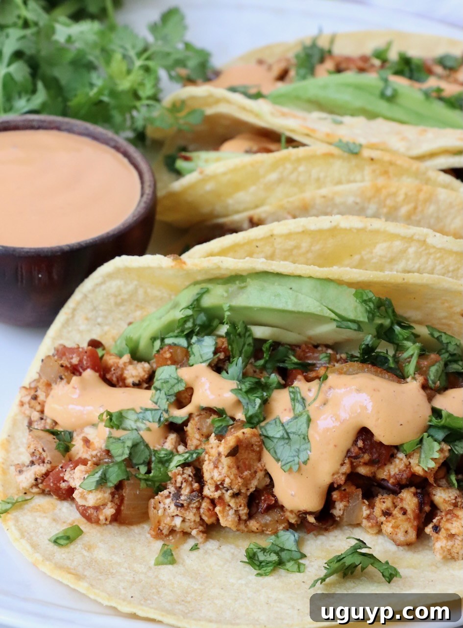 tacos on plate filled with crumbled tofu, chipotle sauce and avocado slices