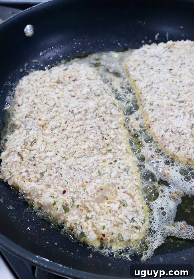 Breadcrumb-coated chicken breasts sizzling in hot oil in a skillet on the stove.