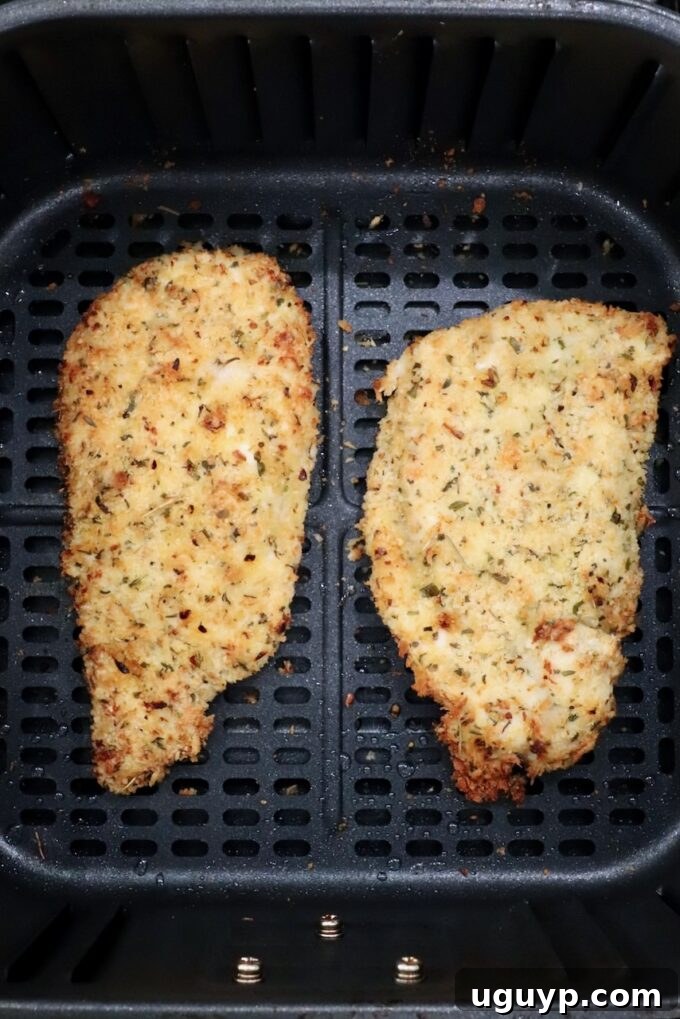 Golden-brown, cooked breaded chicken breasts inside an air fryer basket.