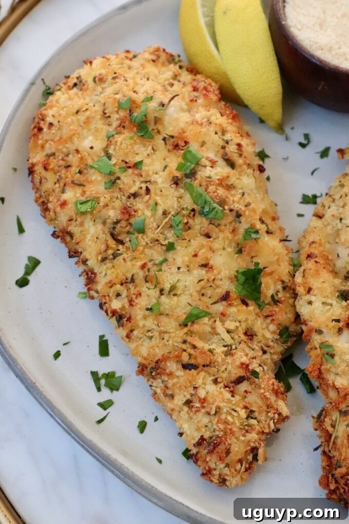 An air-fried Parmesan Crusted Chicken breast on a plate with lemon wedges.