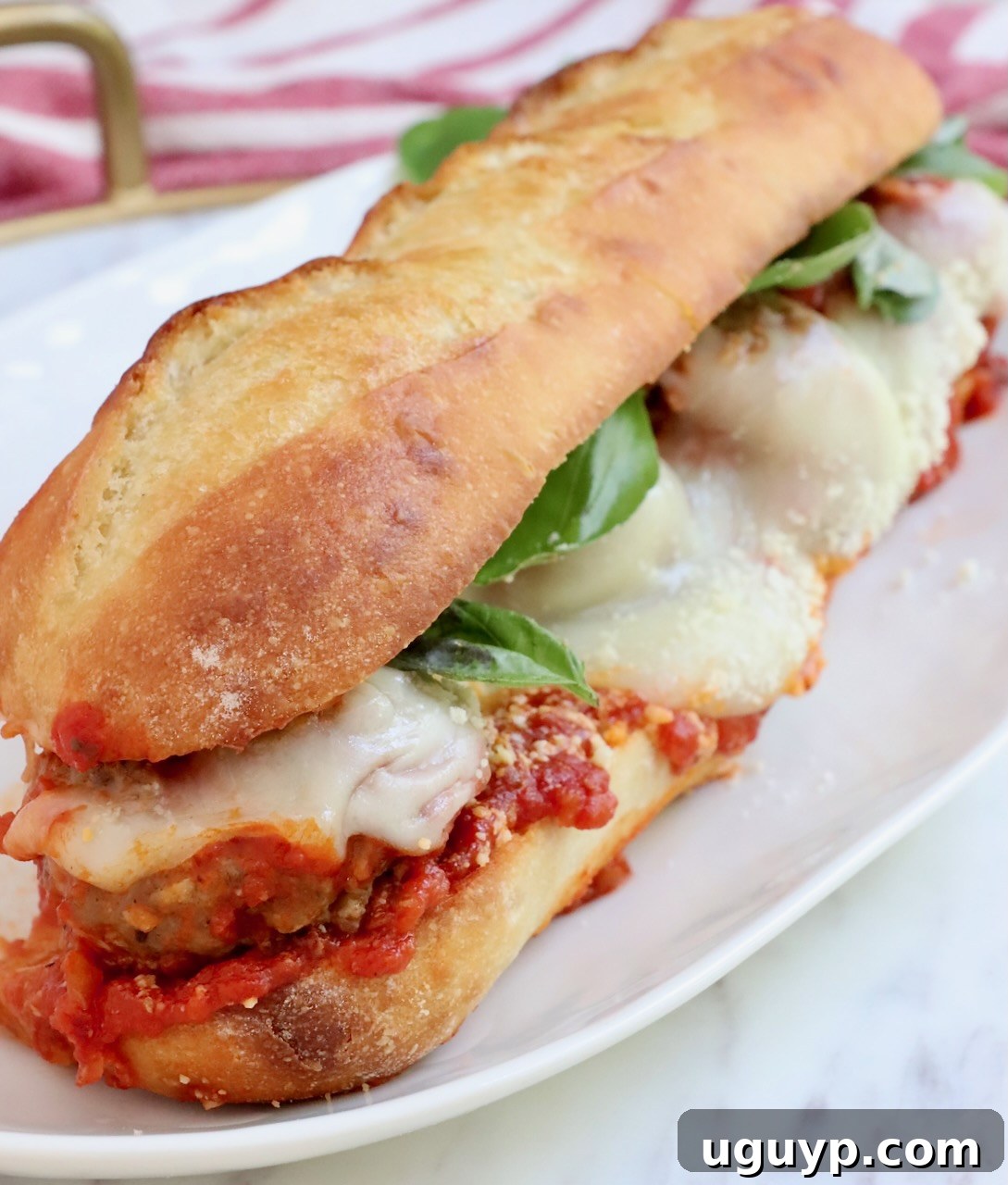 Close-up of a delicious meatball sub, garnished with fresh basil, on a white plate.