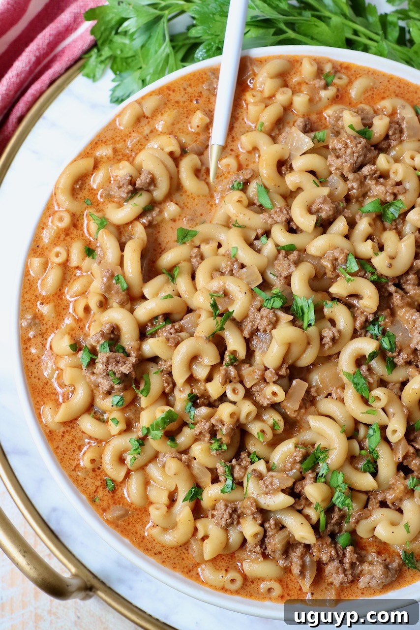 cooked ground beef and pasta combined with sauce in a bowl with a spoon