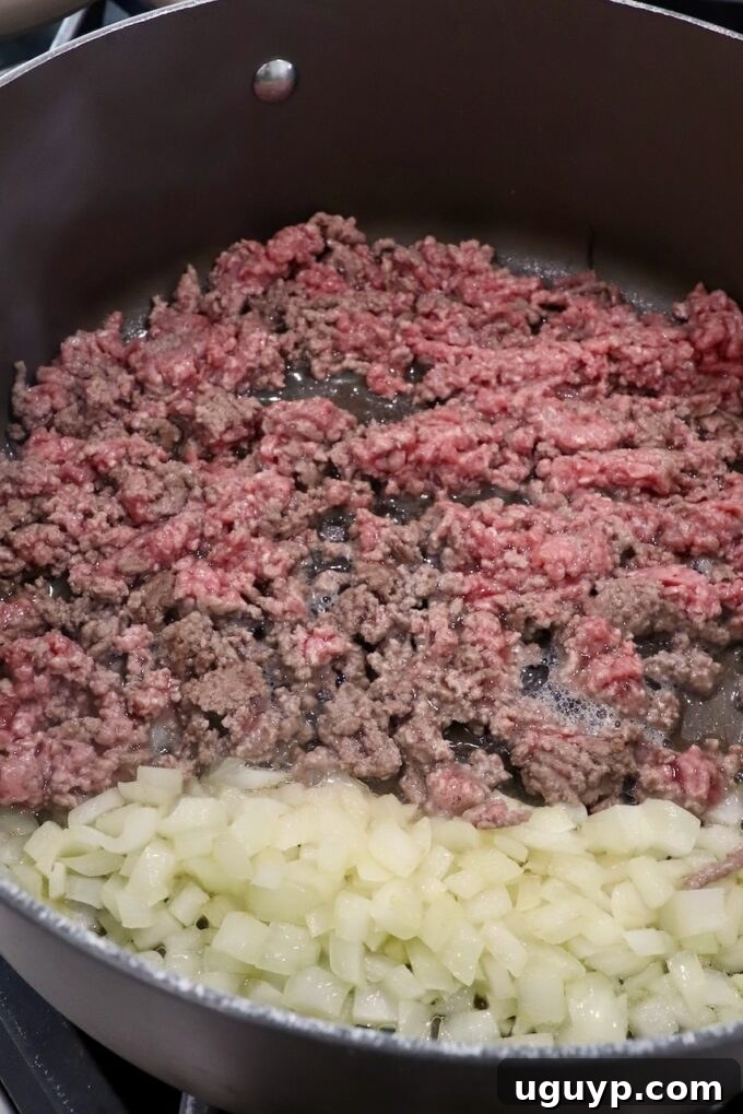 diced onions and ground beef in a large pot
