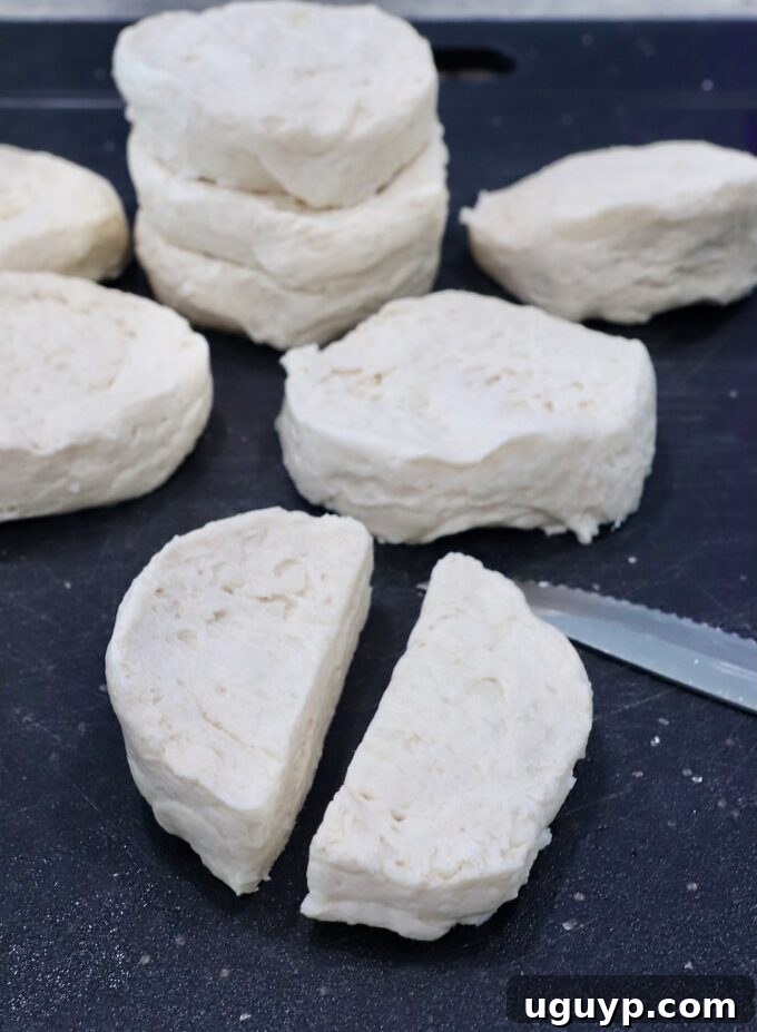 refrigerated biscuit dough cut in half on a cutting board