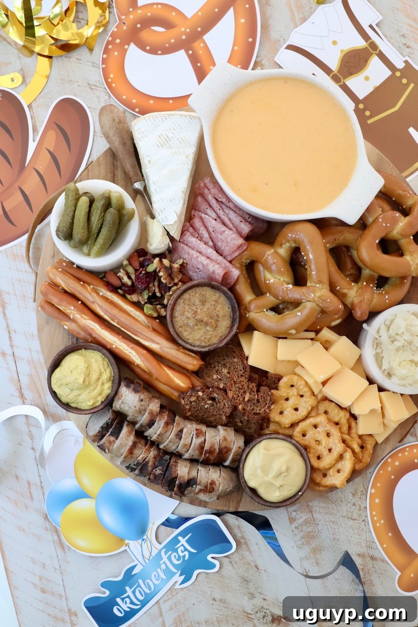 Oktoberfest charcuterie board surrounded by traditional Oktoberfest decorations, including blue and white checkered patterns and beer steins.