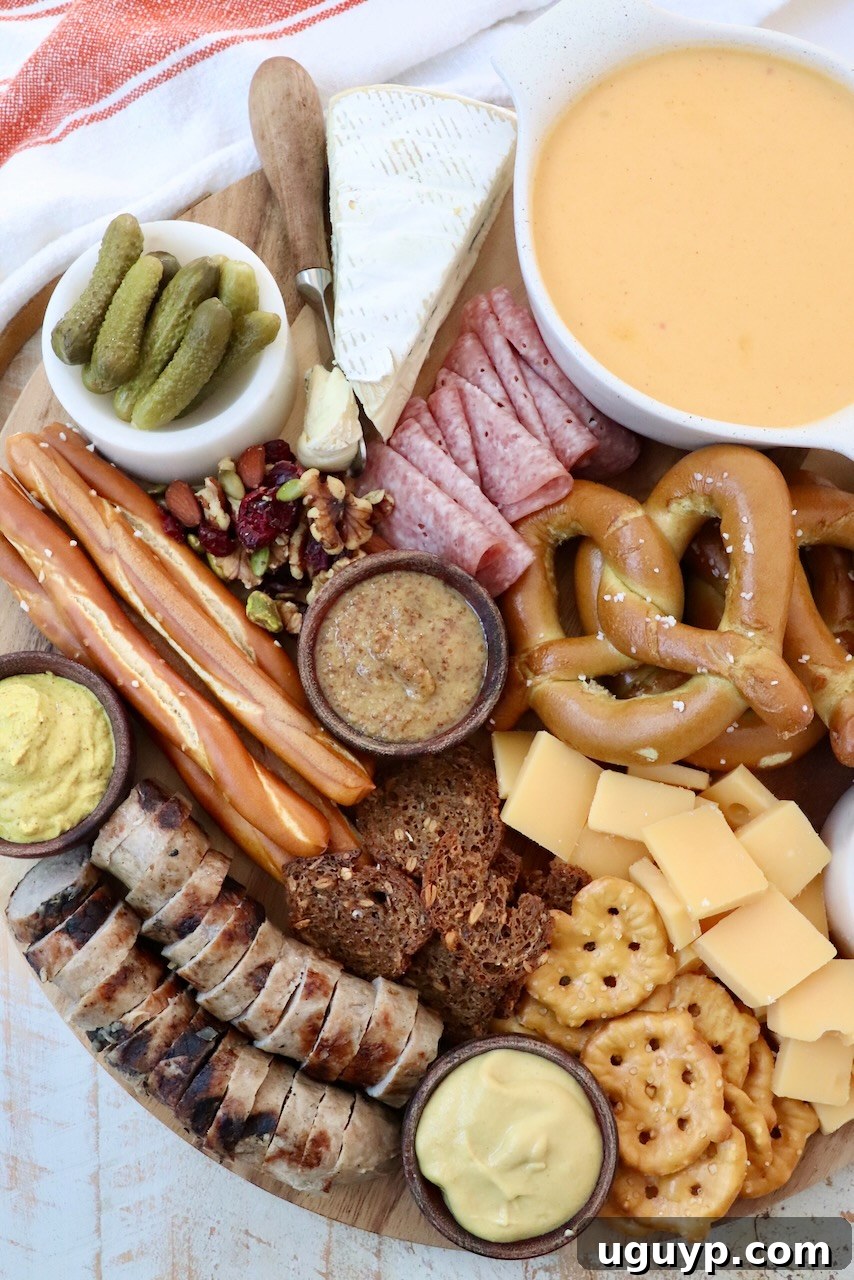 Close-up of an Oktoberfest charcuterie board featuring sliced grilled sausage, an assortment of German cheeses, and various pretzels arranged artfully.