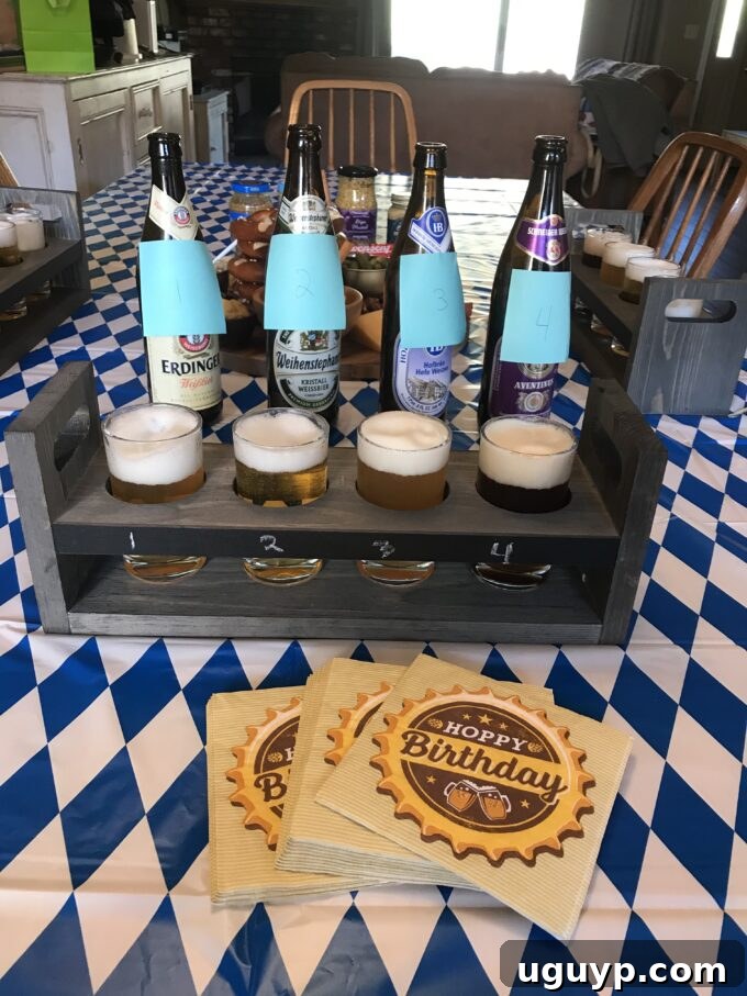 A selection of German beers in bottles and poured into a taster set, ready for an Oktoberfest beer tasting.
