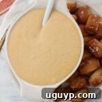beer cheese dip in bowl with spoon, with pretzel bites on the side of the bowl