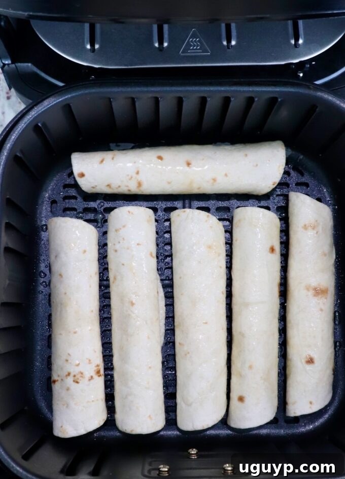 Uncooked taquitos arranged in a single layer in an air fryer basket, ready to be cooked