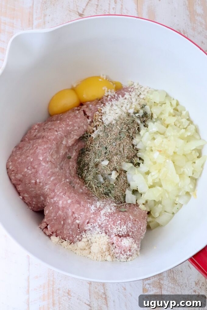 All the turkey meatball ingredients, including ground turkey, panko, parmesan, and seasonings, separated in a large mixing bowl before combining.