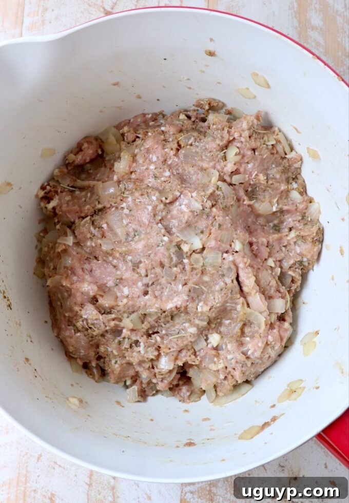 Close-up of turkey meatloaf ingredients thoroughly mixed together in a large bowl.