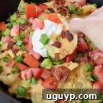 A close-up shot of Irish nachos in a cast iron skillet, with a hand dipping a chip into the sour cream topping.