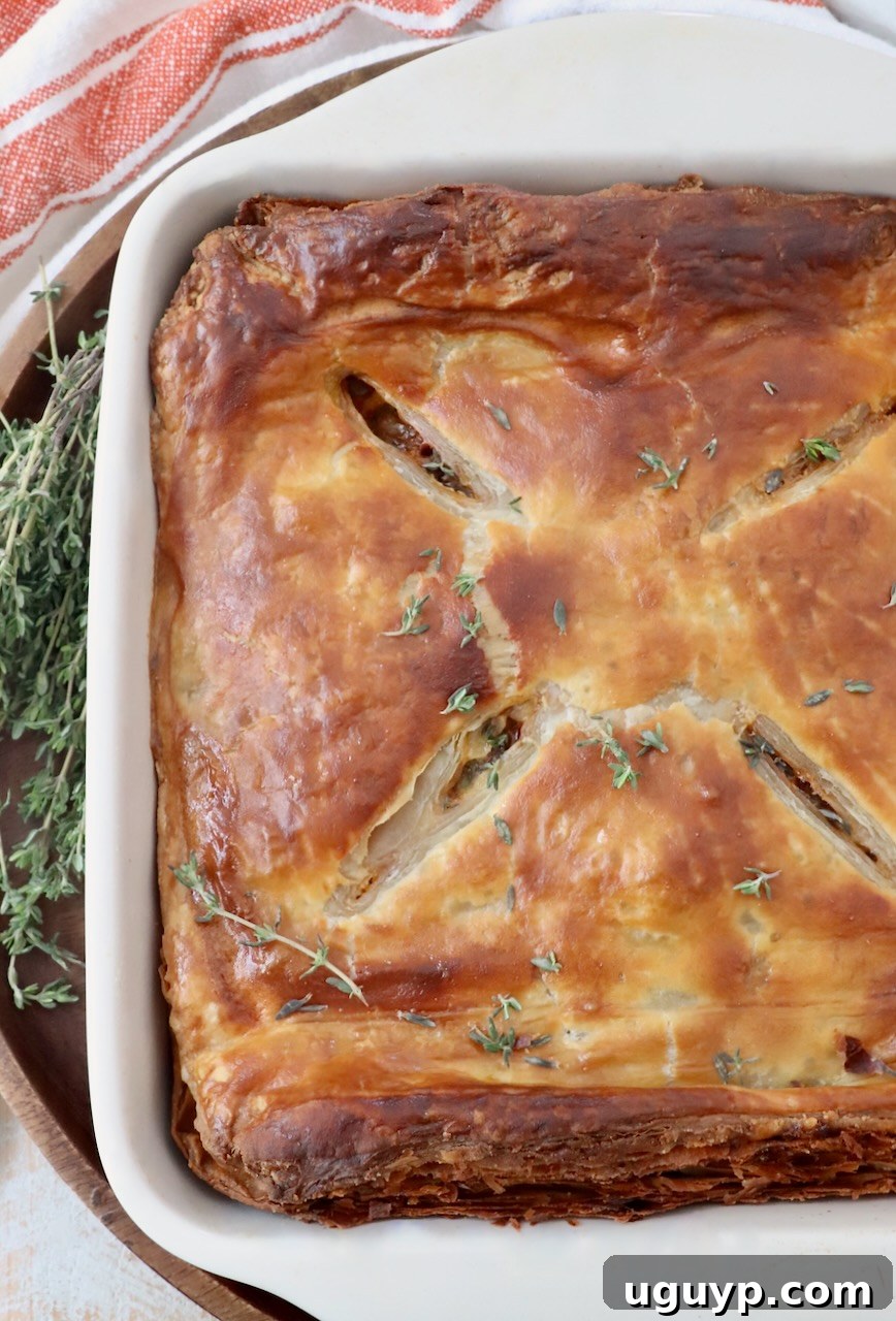 beef pot pie in a square baking dish
