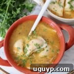 pierogi soup in bowl with a spoon, garnished