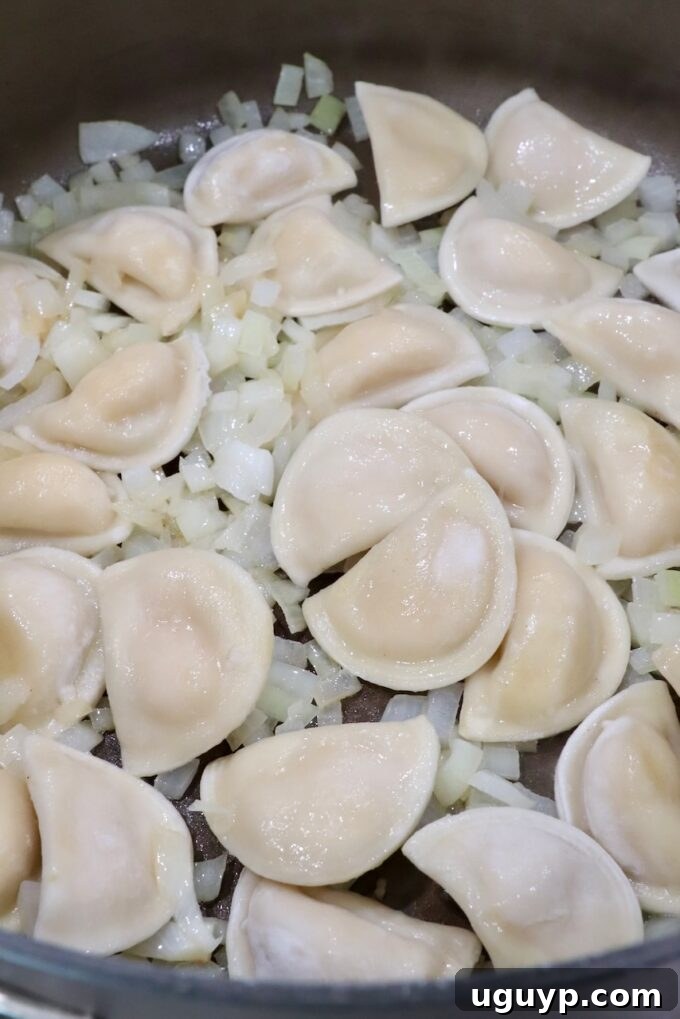 mini pierogis in a large pot with diced onions, ready to be cooked