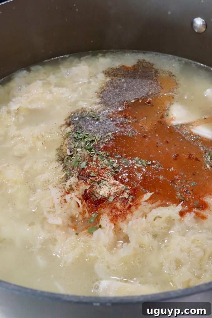 seasonings in a large pot of chicken broth and sauerkraut, fragrant and simmering