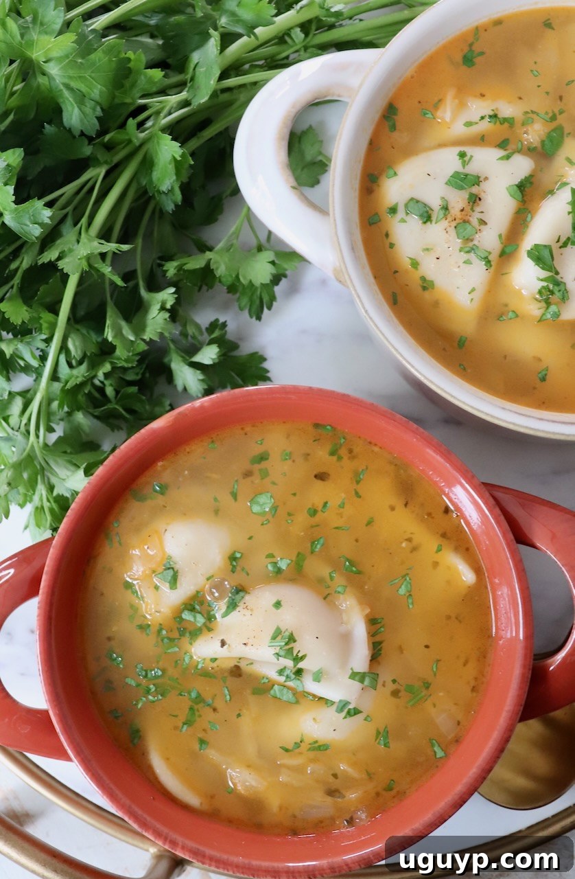 pierogi soup in bowls, garnished and ready to serve