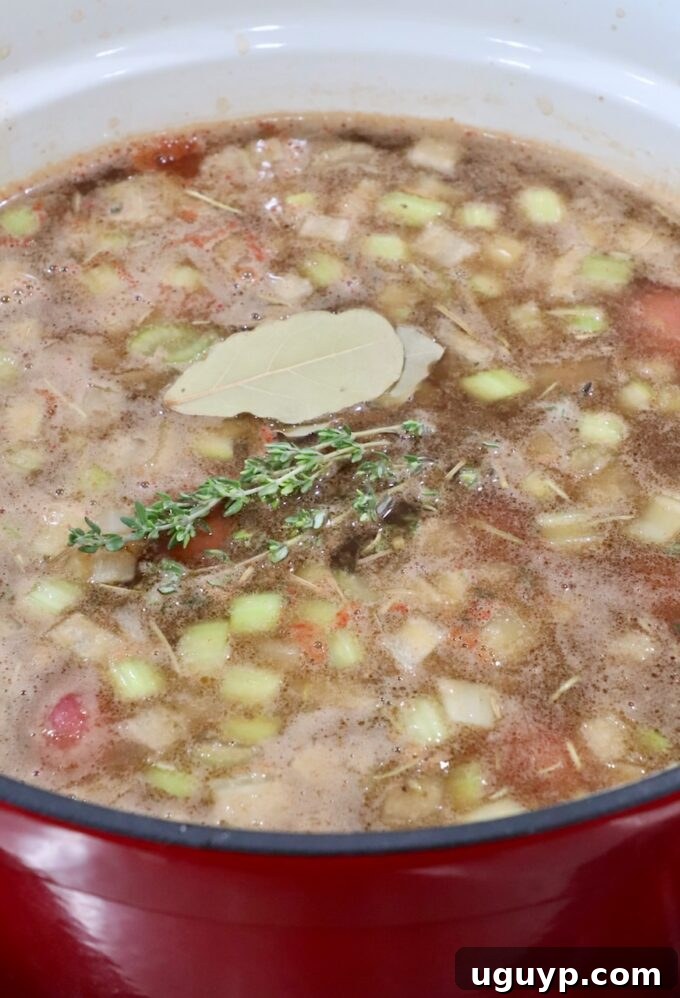 Beef stew simmering in a large Dutch oven, topped with fresh bay leaves and thyme sprigs.