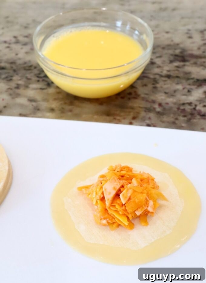 A scoop of Buffalo chicken filling placed neatly in the center of a round gyoza wrapper on a wooden cutting board, ready for folding.