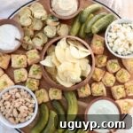 A beautifully arranged pickle board filled with various pickle-flavored snacks, dips, and fresh pickles, creating an enticing spread.