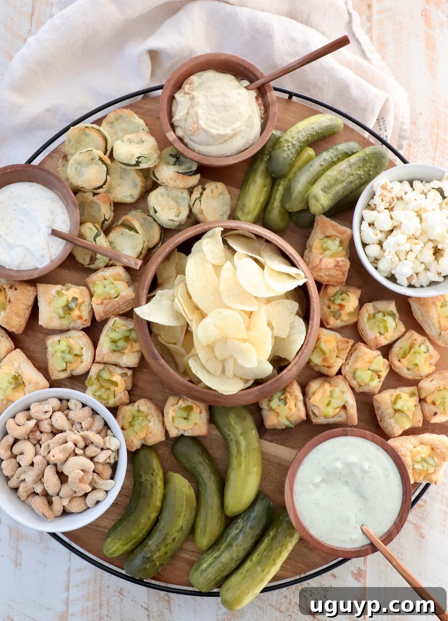 A large wooden board overflowing with an irresistible assortment of pickles, gourmet dips, and crunchy snacks, beautifully arranged for sharing.