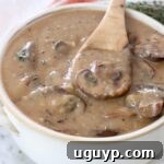 Mushroom gravy in a bowl with a spoon, ready to be served over a meal.