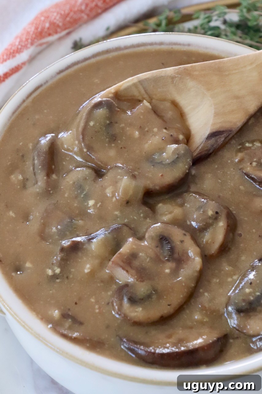 A close-up of the finished creamy mushroom gravy in a rustic bowl, garnished and ready to be drizzled over a meal.
